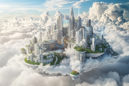 A vibrant city is elevated above fluffy clouds, featuring sleek buildings and lush gardens among skyscrapers.の写真素材