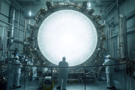 Researchers in white lab coats observe a large apparatus emitting bright light in a modern laboratory.の写真素材