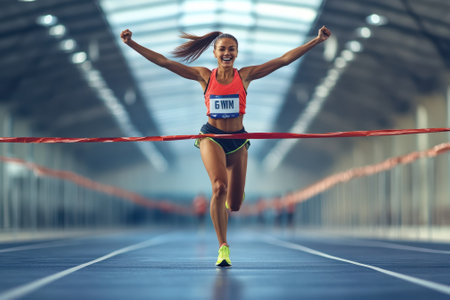 Female athlete breaks the finish line ribbon with excitement, celebrating her race victory indoors at sunset.の写真素材