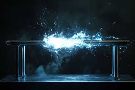 Bright blue electric sparks leap between two metallic rods, creating a captivating display of energy.の写真素材