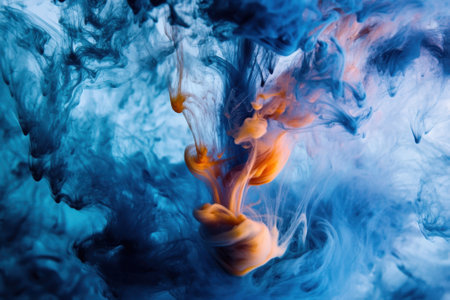 Vibrant inks disperse in clear water, creating beautiful swirling patterns of blue and orange hues.の写真素材