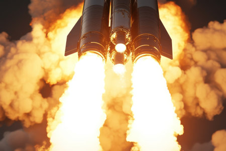 Powerful rocket engines blast off, emitting bright flames and smoke while heading into the sky at sunrise.の写真素材