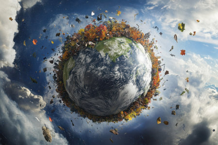 A globe filled with autumn leaves and fragments floats among dramatic clouds and sunlight in a captivating display.の写真素材