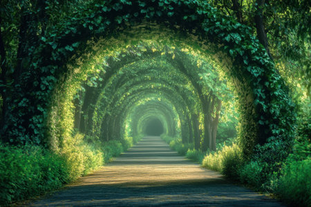 A picturesque pathway curved by abundant greenery invites exploration in a tranquil forest.の写真素材