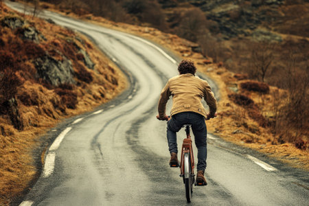 A cyclist navigates a winding road lined with autumn foliage in a picturesque mountainous landscape.の写真素材