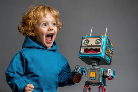 A young child with curly hair expresses excitement while playing with a colorful vintage robot, indoors.の写真素材