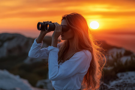 A woman stands on a cliff, gazing through binoculars at a vibrant sunset over the ocean.の写真素材
