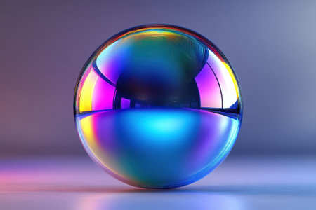 A vibrant, reflective sphere sits on a smooth surface, showing a spectrum of colors in warm lighting.の写真素材