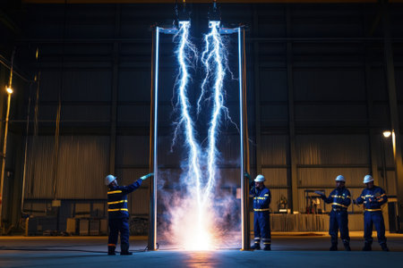 Electricians observe a striking electrical demonstration, emphasizing safety and expertise in a controlled environment.の写真素材