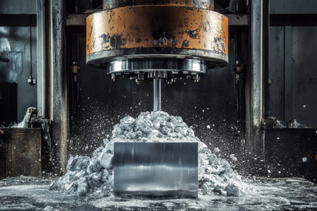 A powerful industrial press compresses an aluminum block, causing metal shavings and water splashes to fly.の写真素材