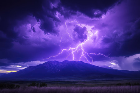 Bright purple lightning flashes across dark clouds over rugged mountains at twilight, creating a striking view.の写真素材