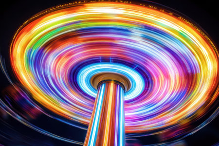 A vibrant spinning ride dazzles fairgoers with colorful lights, creating a joyful atmosphere in the night.の写真素材