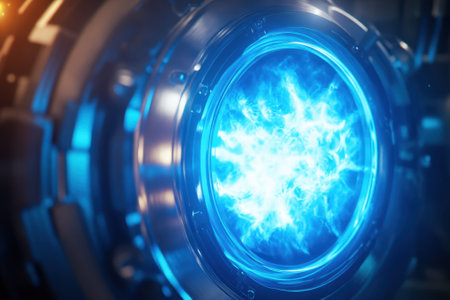 A vibrant blue energy sphere emits light from within a high-tech machine in a modern technology lab setting.の写真素材