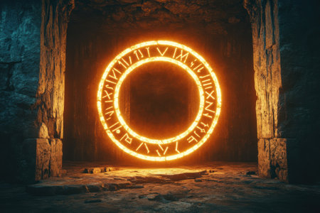 A glowing circular portal made of fire illuminates ancient symbols inside a dark stone chamber.の写真素材