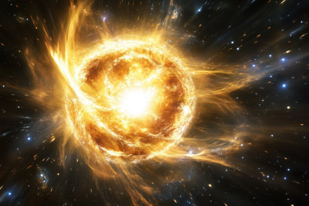 A powerful star is undergoing an explosion in space, emitting radiant light and vibrant energy throughout the cosmos.の写真素材