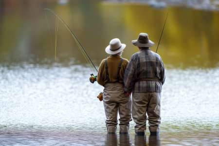 Friends enjoy fishing together at a peaceful lake surrounded by nature in the morning glow.の写真素材