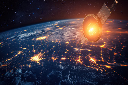 A satellite is positioned above Earth, showing sparkling city lights and cloudy terrain during nighttime.の写真素材