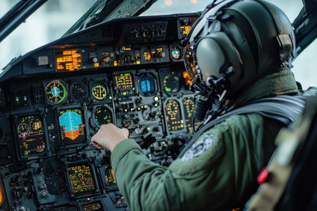 A skilled pilot manages various flight instruments in a helicopter cockpit as dawn approaches.の写真素材
