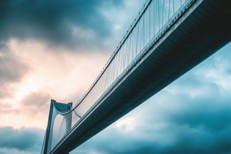 A large suspension bridge stretches across the frame as clouds gather above during sunset.の写真素材