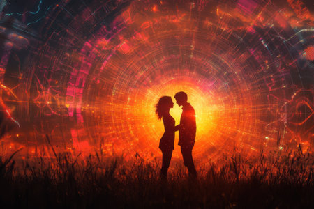 A couple stands close together in a loving embrace, silhouetted against a vivid cosmic backdrop during sunset.の写真素材