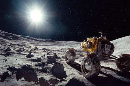 A lunar rover navigates the moon's rocky terrain while sunlight illuminates the surface intensely.の写真素材