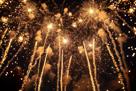Bright fireworks burst overhead, casting colorful lights against the dark sky during a nighttime event.の写真素材
