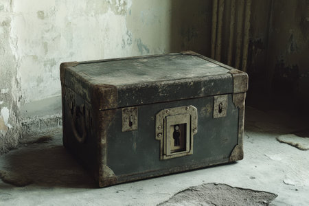 An old trunk sits neglected on a dusty floor in an empty, abandoned room with peeling plaster.の写真素材