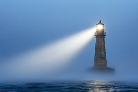 A tall lighthouse beams light across fog-covered waters during early morning, guiding nearby vessels safely.の写真素材