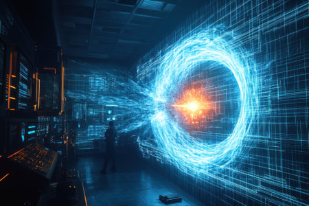 A scientist activates a glowing energy portal within a modern, illuminated laboratory environment.の写真素材