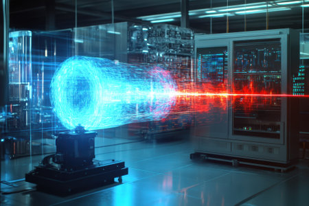A dynamic energy transfer is illustrated in a high-tech lab, showing vibrant blue and red light interactions.の写真素材