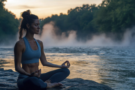 A person meditates peacefully on a rock by the river, enjoying the serene morning light and gentle mist.の写真素材