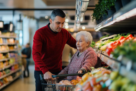 A younger man helps an elderly woman navigate a grocery store, selecting fresh produce together.の写真素材