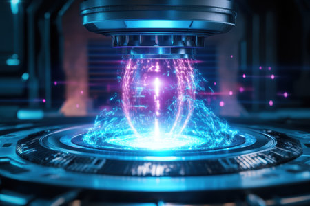 A vibrant energy orb is generated by a complex instrument in a modern laboratory, showing advanced technology.の写真素材