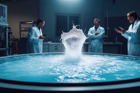 Researchers observe and analyze the water splash in the lab, focusing on experimental outcomes.の写真素材