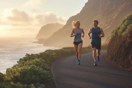 Two individuals jog together on a coastal road surrounded by cliffs and a beautiful ocean backdrop.の写真素材