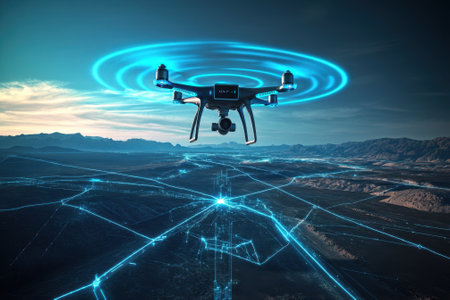 A drone hovers over a sprawling city, capturing aerial views against a vibrant sunset with mountains in the distance.の写真素材
