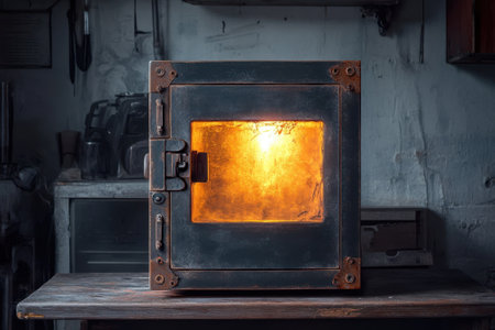 A glowing furnace illuminates a workshop, showcasing tools and materials used for metalworking.の写真素材