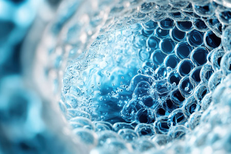 Bubbles rise and create ripples in a circular formation filled with blue water, highlighting dynamic motion.の写真素材