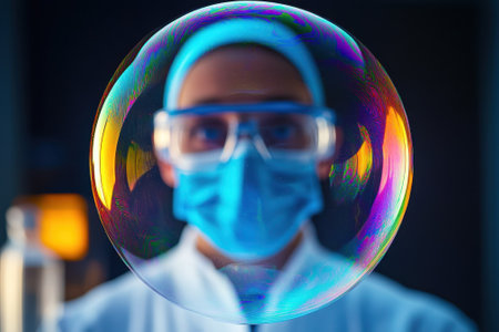 A researcher in protective gear examines a vibrant soap bubble while conducting experiments in a lab.の写真素材