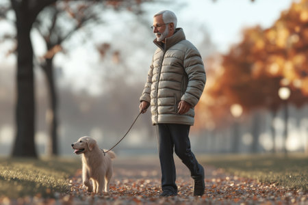 An elderly man strolls with his golden retriever through a park covered in autumn leaves.の写真素材