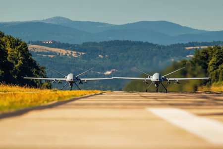 Two unmanned aerial vehicles are lined up on a runway, ready to take off against a backdrop of mountains.の写真素材