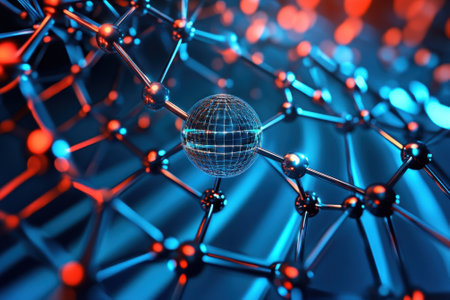 Detailed molecular structure with glowing atoms connected by energy pathways, showing scientific concepts.の写真素材