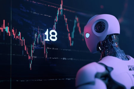 A robot studies stock market trends displayed on multiple digital screens, focusing on trading activity.の写真素材