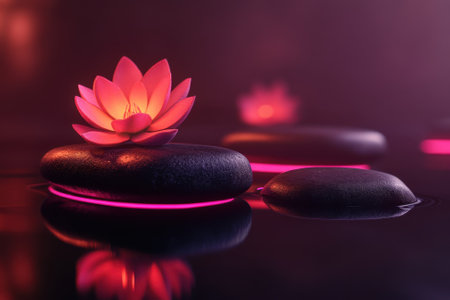 A serene environment featuring glowing lotus flowers placed on smooth stones in still water during nighttime.の写真素材