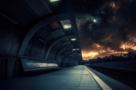 An empty train station under a starry sky, featuring vivid clouds and a tranquil atmosphere at night.の写真素材