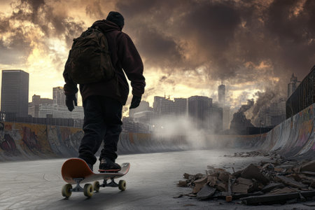 A skateboarder glides along an urban pathway with a city skyline and dark clouds in the background.の写真素材