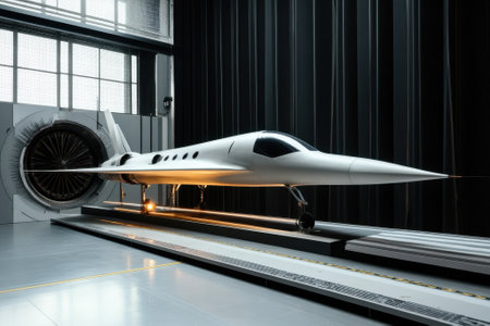 Supersonic aircraft showcases sleek design in a contemporary hangar setting during daytime.の写真素材