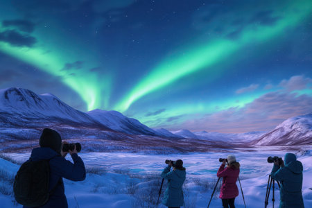 Groups of photographers gather in a snowy landscape to capture the vibrant northern lights illuminating the sky.の写真素材
