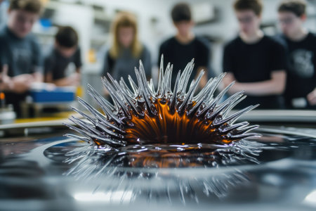 High school students watch a demonstration of magnetic fluid creating spikes in a laboratory environment.の写真素材