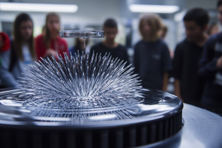 Students observe an exciting science demonstration with magnetic fluid forming intricate patterns in a classroom.の写真素材